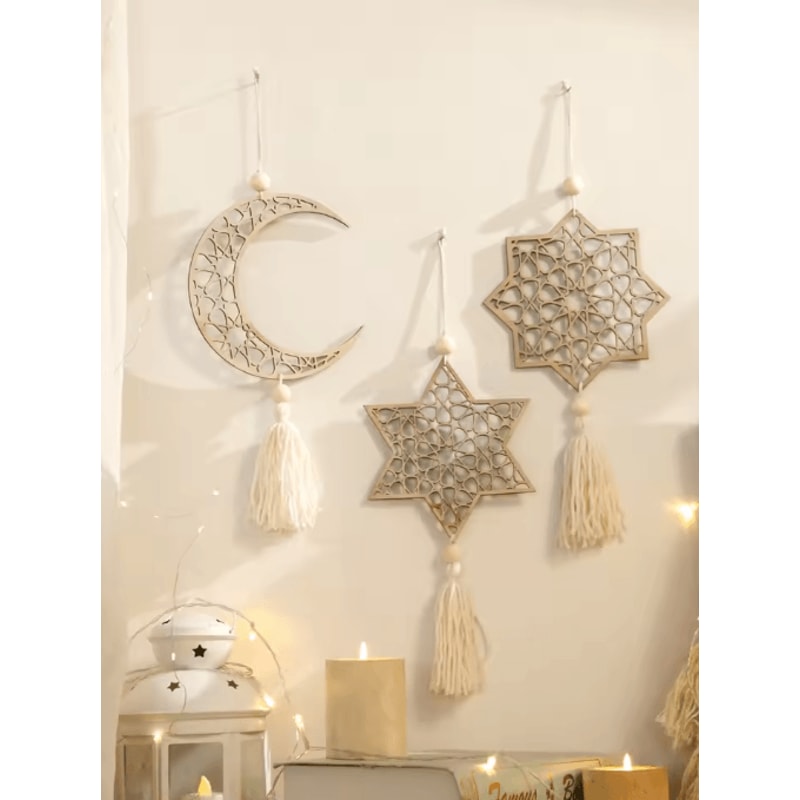 NoorCharm Wooden Ramadan Hanging Ornaments Elegant Eid Mubarak Decor With Tassels 0
