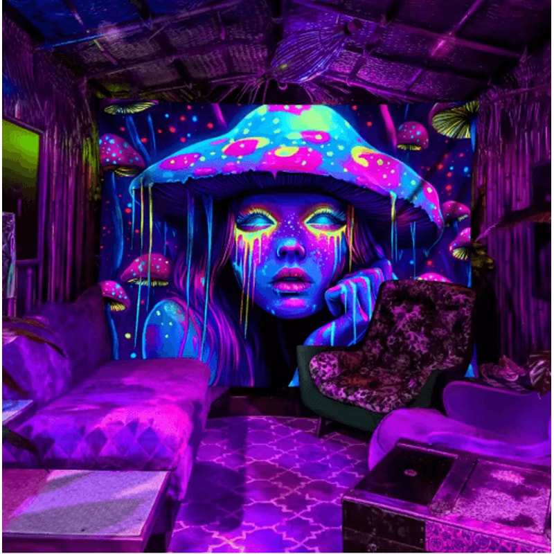 VIKAMA Psychedelic Mushroom Girl Tapestry Blacklight Reactive Trippy Wall Hanging Decor 1