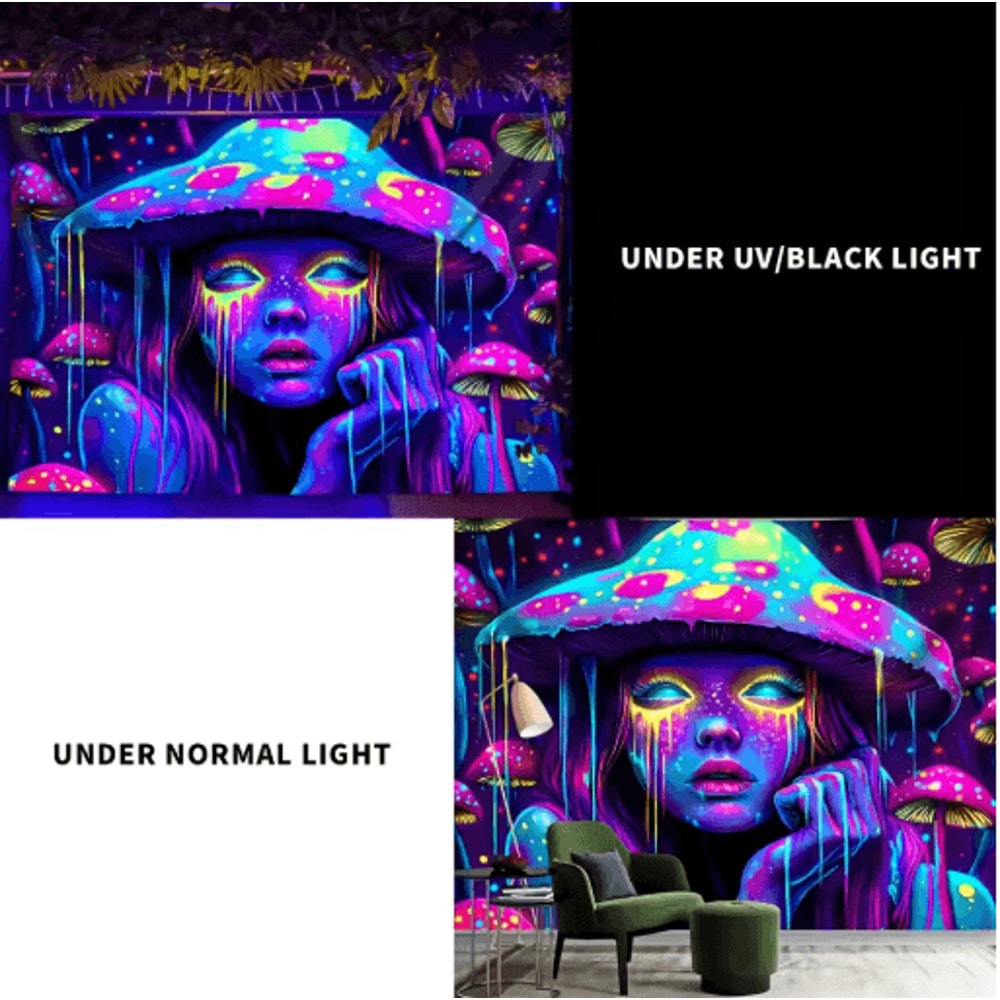 VIKAMA Psychedelic Mushroom Girl Tapestry Blacklight Reactive Trippy Wall Hanging Decor 3