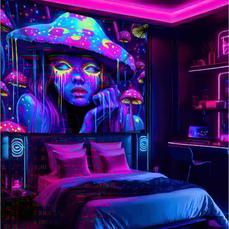 VIKAMA Psychedelic Mushroom Girl Tapestry Blacklight Reactive Trippy Wall Hanging Decor 4