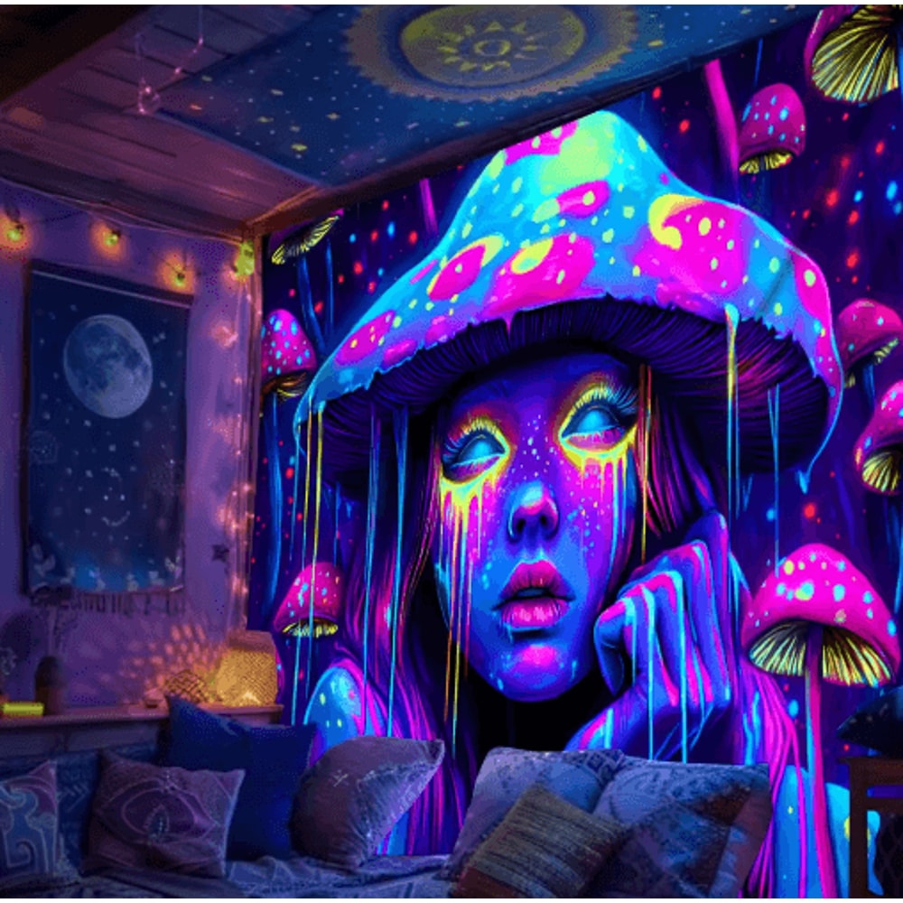 VIKAMA Psychedelic Mushroom Girl Tapestry Blacklight Reactive Trippy Wall Hanging Decor 5