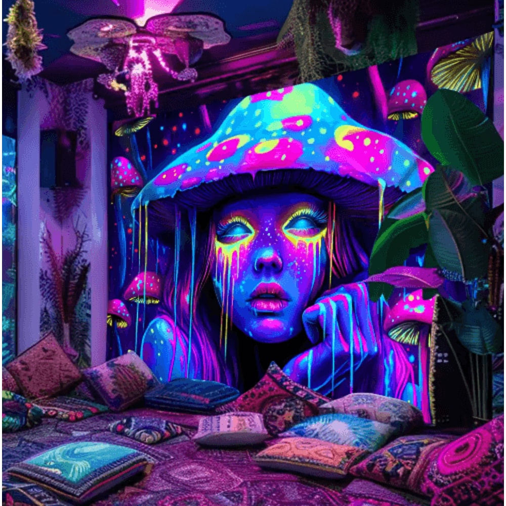 VIKAMA Psychedelic Mushroom Girl Tapestry Blacklight Reactive Trippy Wall Hanging Decor 0