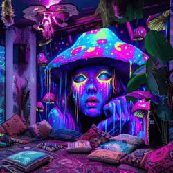 vikama psychedelic mushroom girl tapestry blacklight reactive trippy wall hanging decor