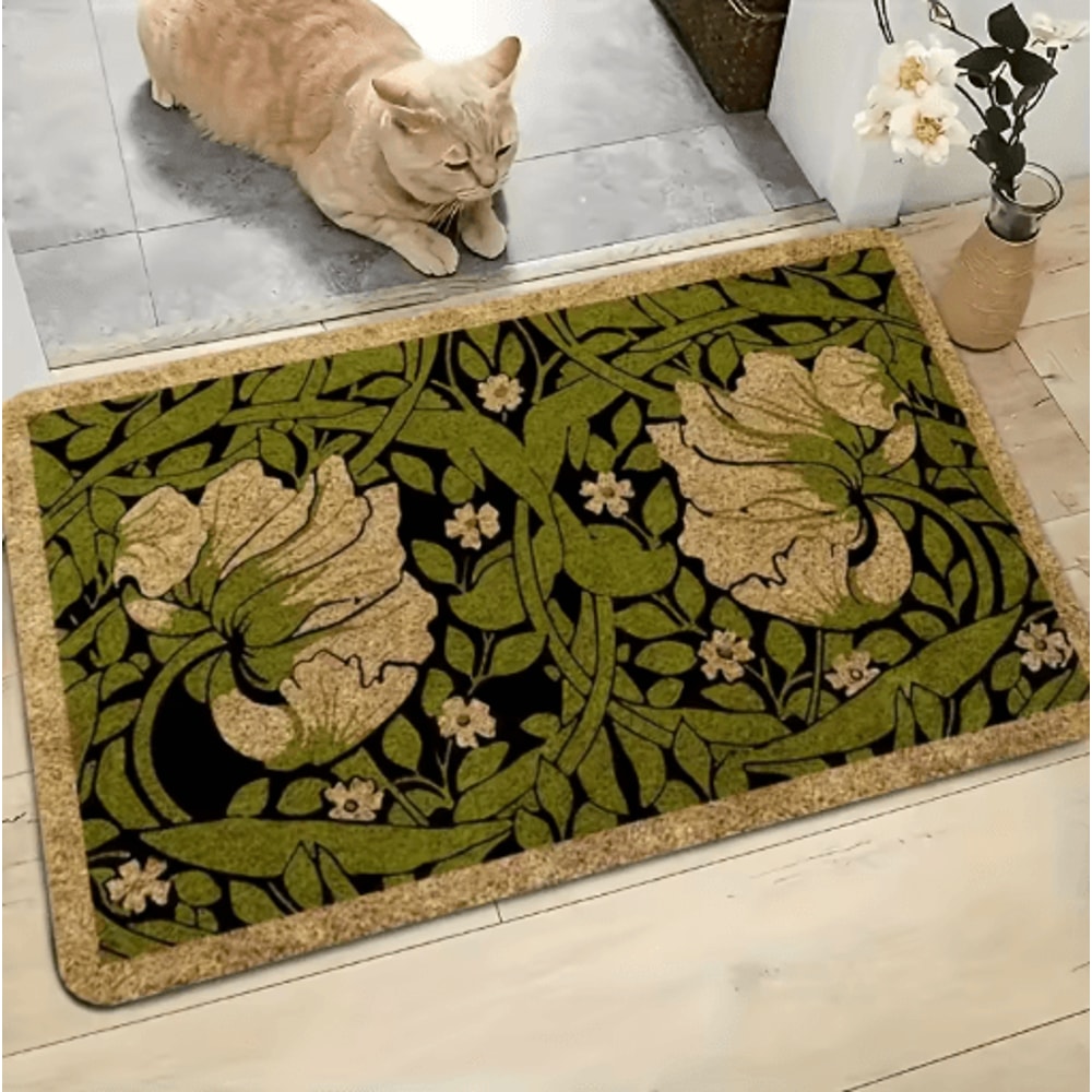 Green Floral Welcome Doormat Machine Washable Indoor Entrance Rug For Bedroom Hallway 1