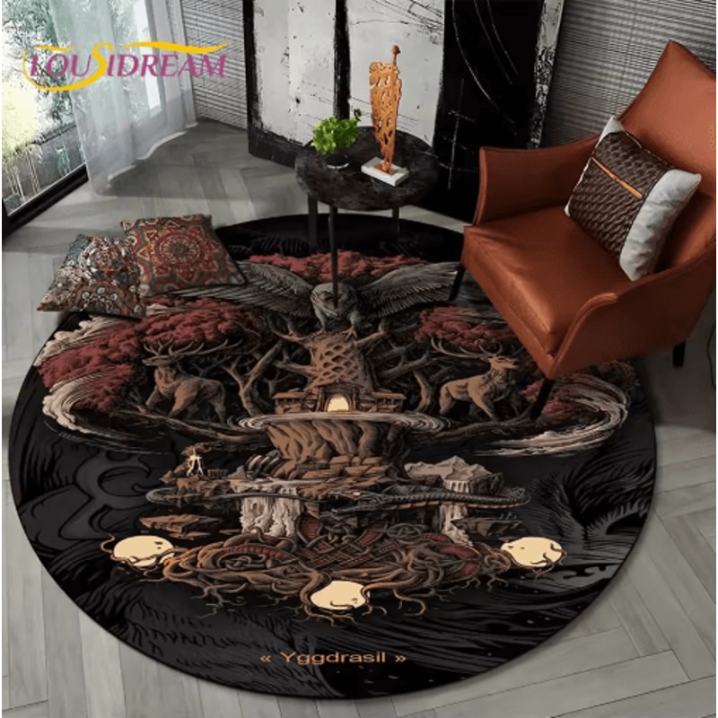 Viking Valknut Tree Of Life Round Rug Nordic Mythology NonSlip Area Carpet For Home Decor 0