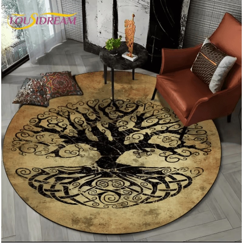 Viking Valknut Tree Of Life Round Rug Nordic Mythology NonSlip Area Carpet For Home Decor 7