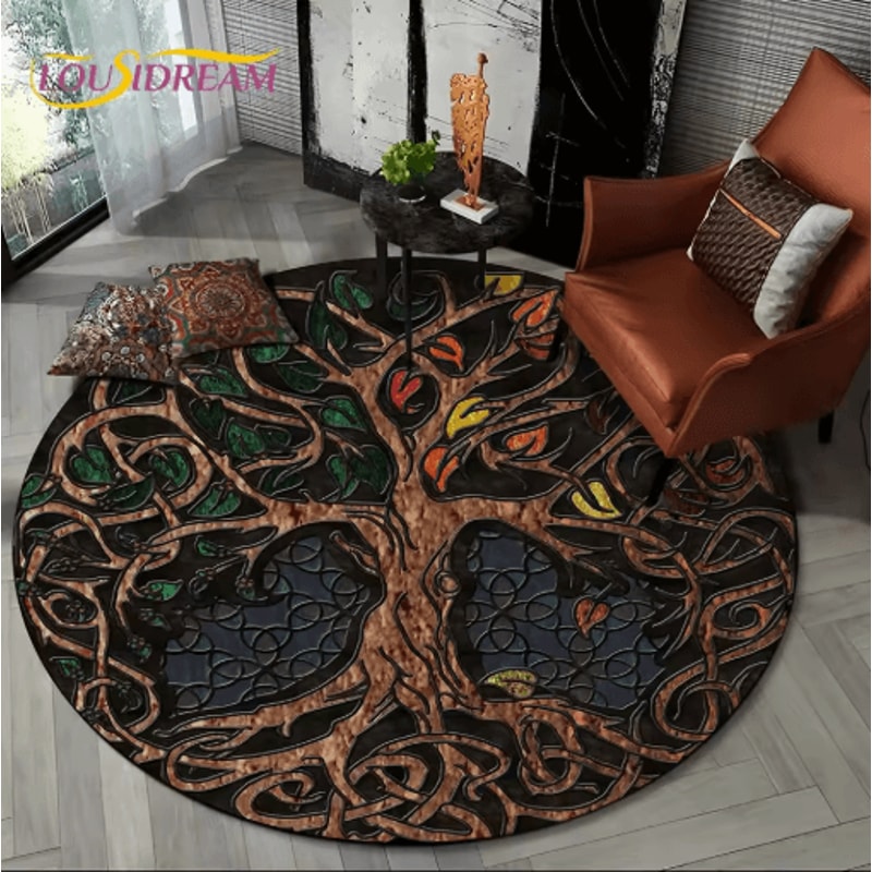 Viking Valknut Tree Of Life Round Rug Nordic Mythology NonSlip Area Carpet For Home Decor 13