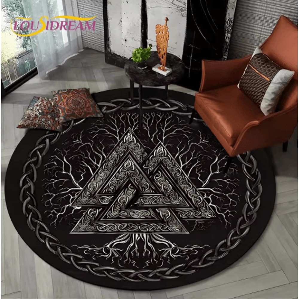 Viking Valknut Tree Of Life Round Rug Nordic Mythology NonSlip Area Carpet For Home Decor 14