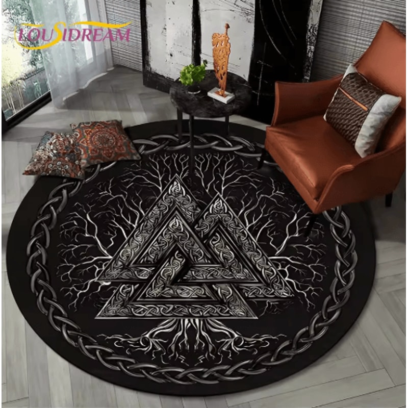 Viking Valknut Tree Of Life Round Rug Nordic Mythology NonSlip Area Carpet For Home Decor 14