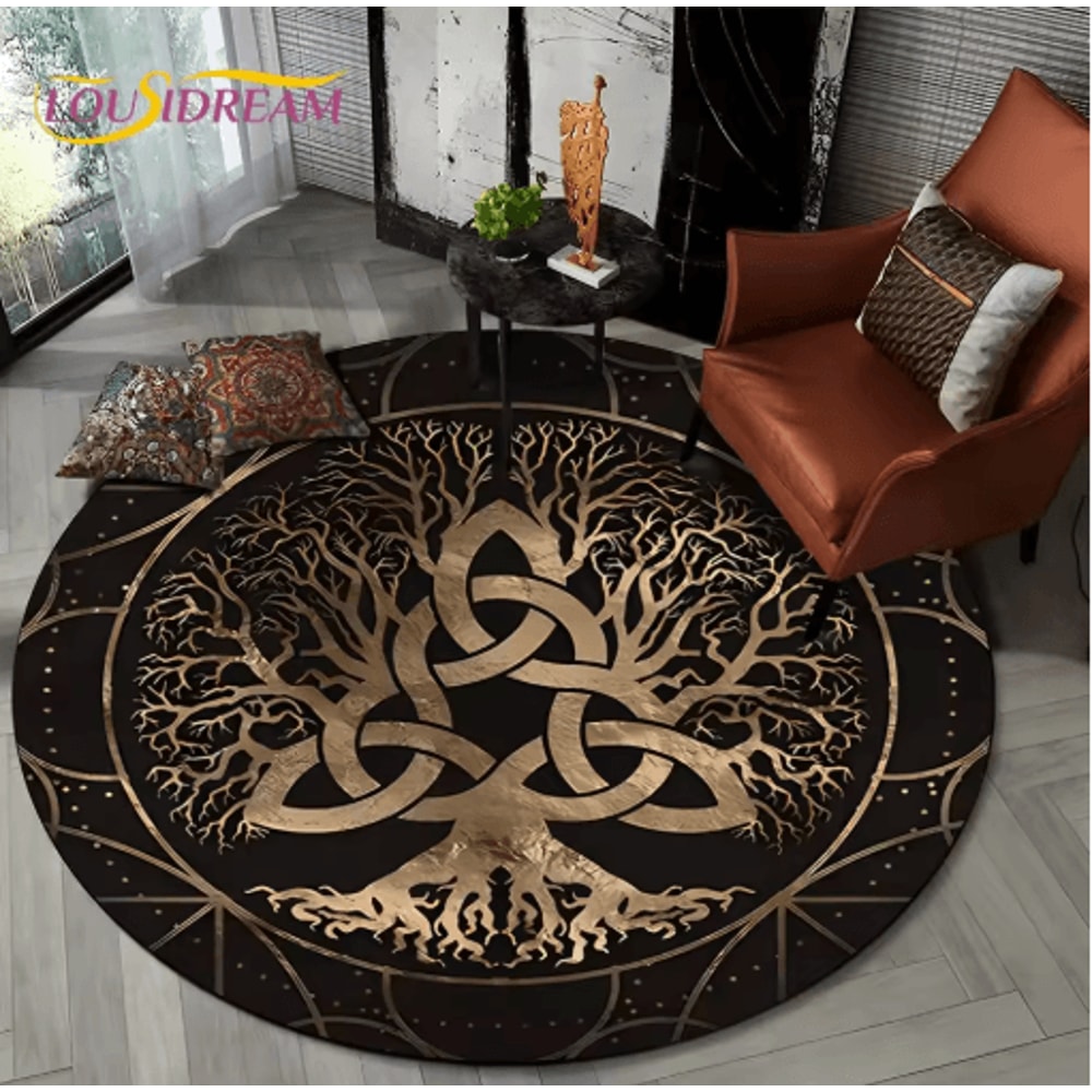 Viking Valknut Tree Of Life Round Rug Nordic Mythology NonSlip Area Carpet For Home Decor 18