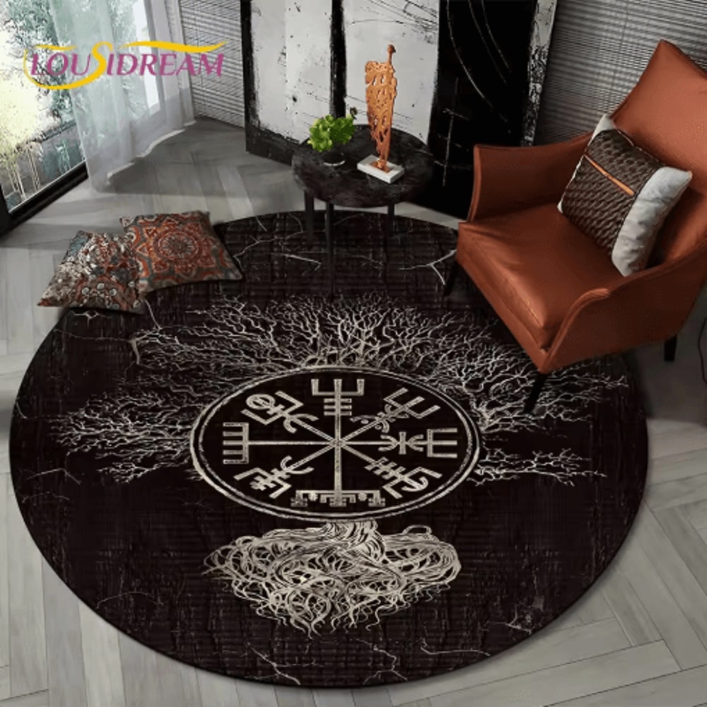 Viking Valknut Tree Of Life Round Rug Nordic Mythology NonSlip Area Carpet For Home Decor 19