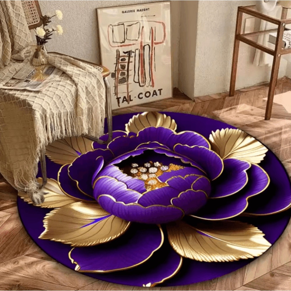 Purple Gold Peony Round Rug Washable Floral Area Carpet For Living Room Bedroom Decor 2