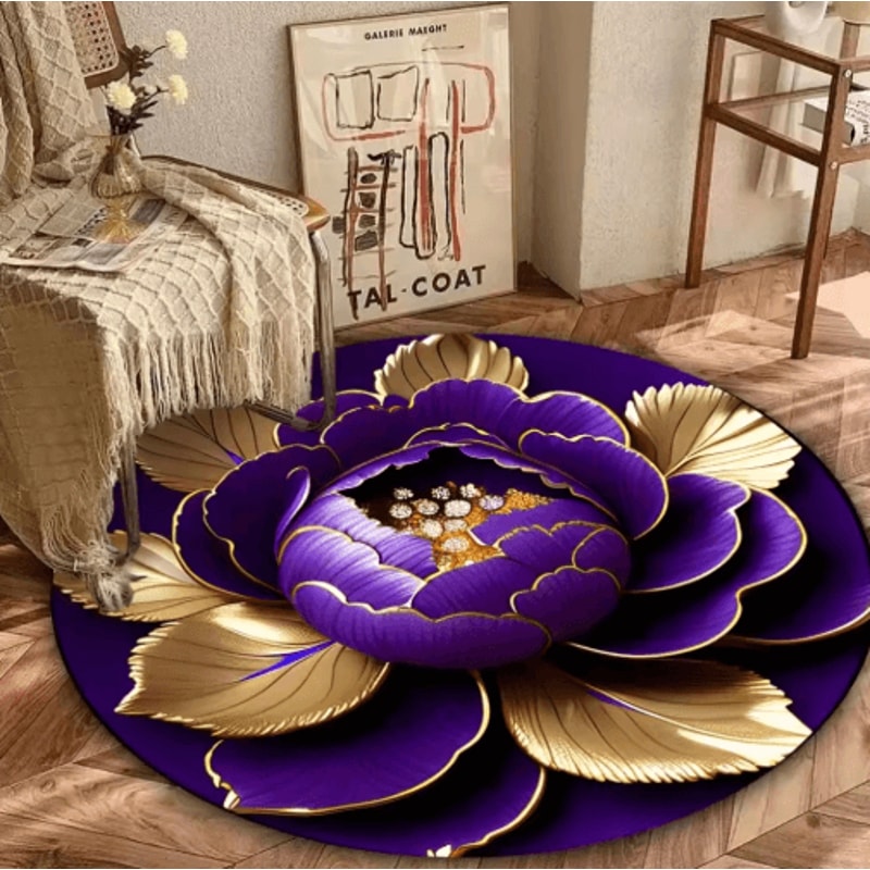 Purple Gold Peony Round Rug Washable Floral Area Carpet For Living Room Bedroom Decor 2