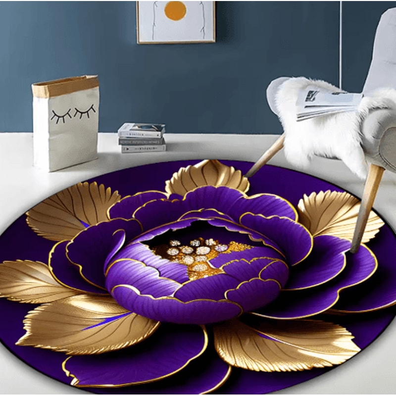 Purple Gold Peony Round Rug Washable Floral Area Carpet For Living Room Bedroom Decor 3