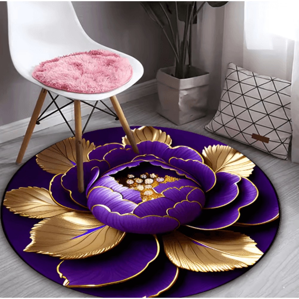 Purple Gold Peony Round Rug Washable Floral Area Carpet For Living Room Bedroom Decor 4