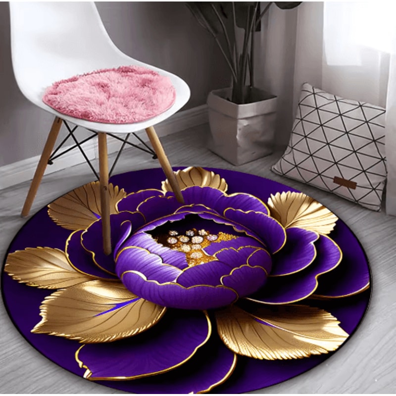 Purple Gold Peony Round Rug Washable Floral Area Carpet For Living Room Bedroom Decor 4