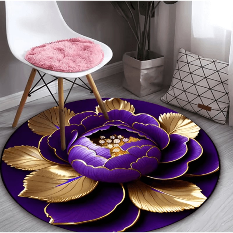 Purple Gold Peony Round Rug Washable Floral Area Carpet For Living Room Bedroom Decor 7
