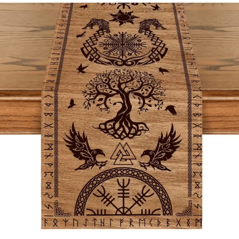 Vintage Viking Raven Linen Table Runner Norse Helm Of Awe Dining Decor 1