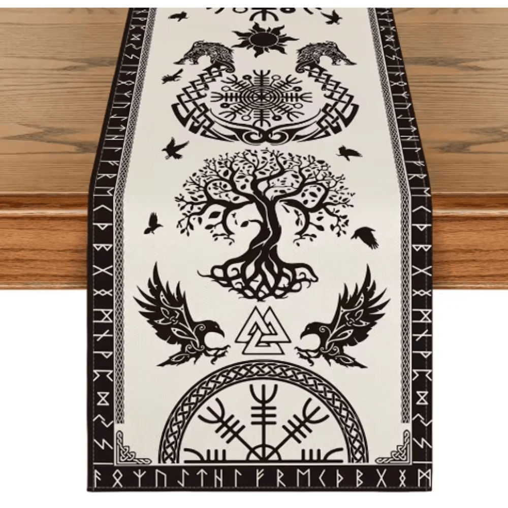 Vintage Viking Raven Linen Table Runner Norse Helm Of Awe Dining Decor 2