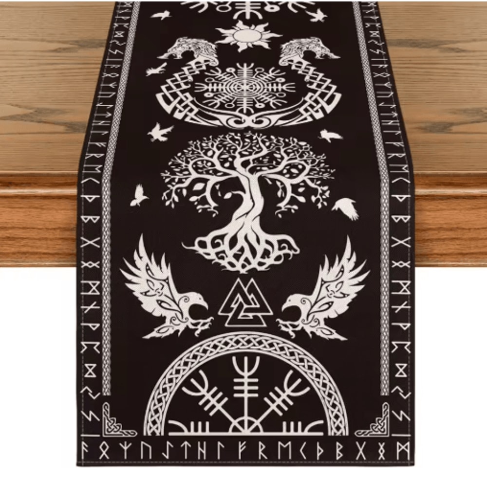 Vintage Viking Raven Linen Table Runner Norse Helm Of Awe Dining Decor 3