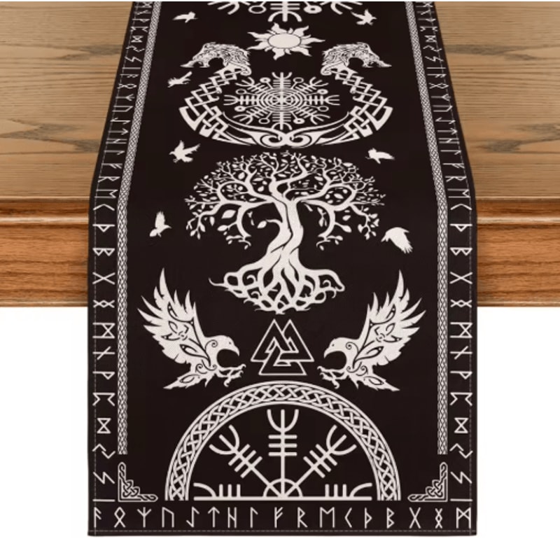 Vintage Viking Raven Linen Table Runner Norse Helm Of Awe Dining Decor 3