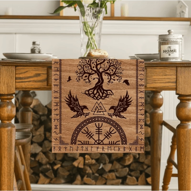 Vintage Viking Raven Linen Table Runner Norse Helm Of Awe Dining Decor 6