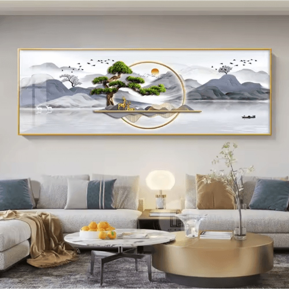 Chinese Style Golden Deer Canvas Wall Art Feng Shui Mountain Poster Decor 14