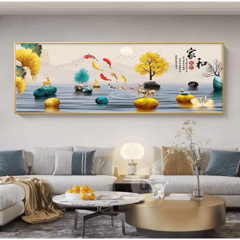 Chinese Style Golden Deer Canvas Wall Art Feng Shui Mountain Poster Decor 3