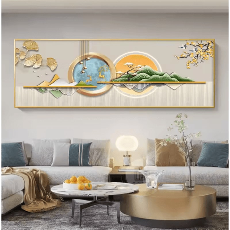 Chinese Style Golden Deer Canvas Wall Art Feng Shui Mountain Poster Decor 5
