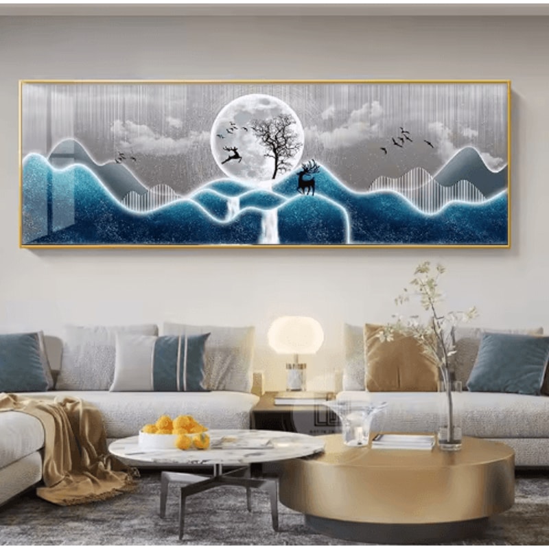 Chinese Style Golden Deer Canvas Wall Art Feng Shui Mountain Poster Decor 9