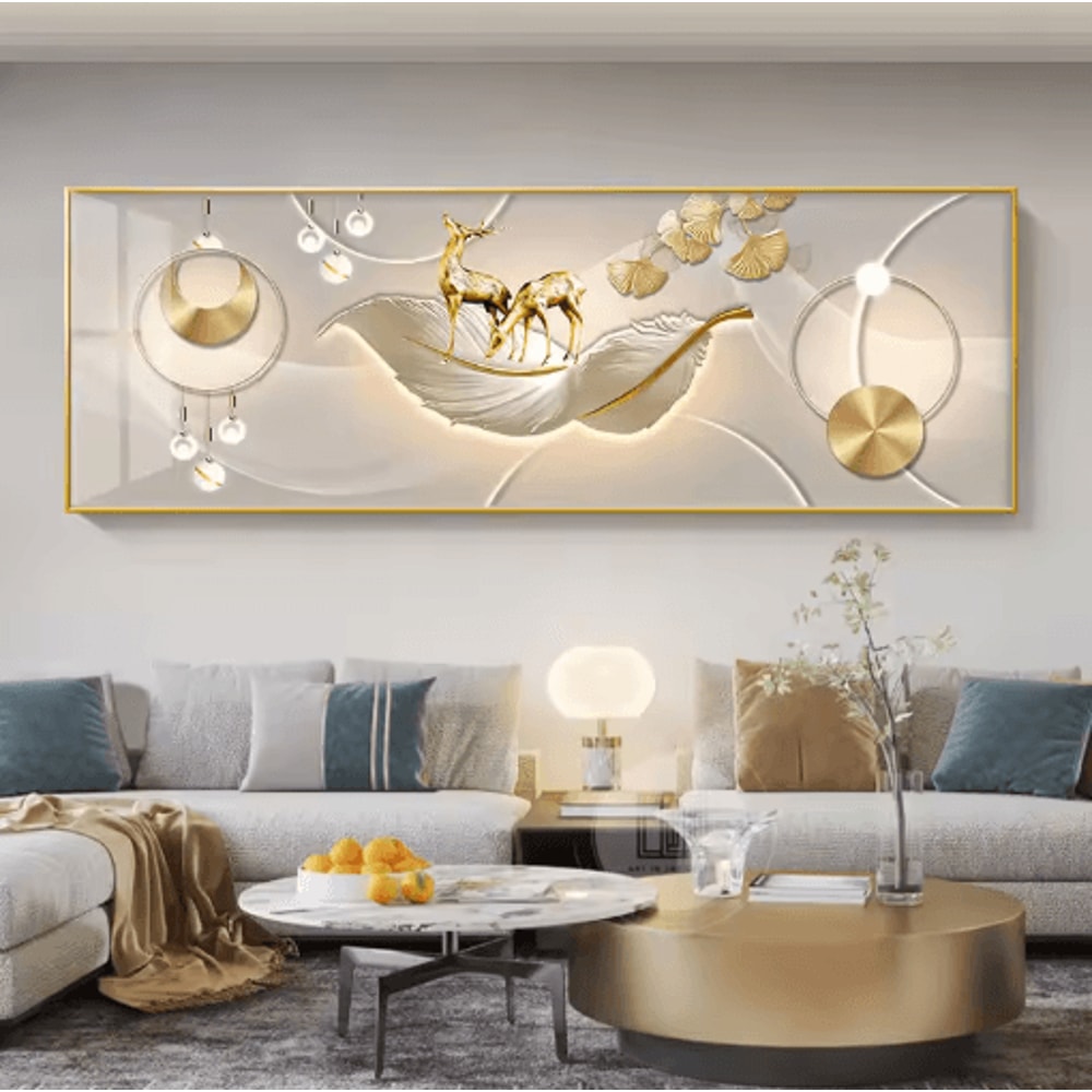 Chinese Style Golden Deer Canvas Wall Art Feng Shui Mountain Poster Decor 19