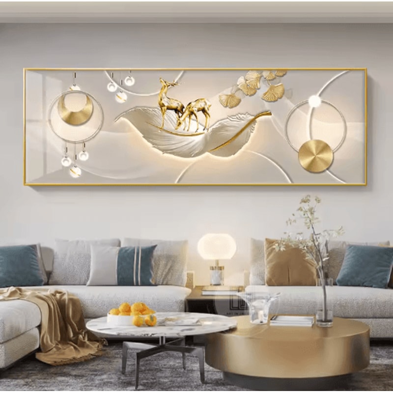 Chinese Style Golden Deer Canvas Wall Art Feng Shui Mountain Poster Decor 23
