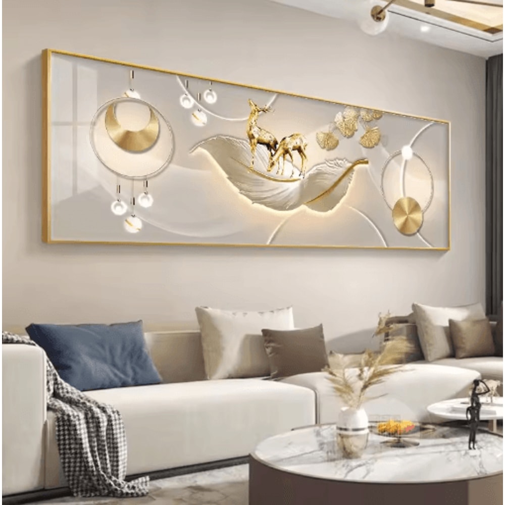 Chinese Style Golden Deer Canvas Wall Art Feng Shui Mountain Poster Decor 0