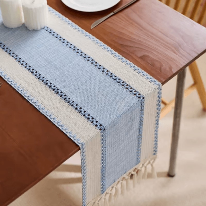 Nordic Boho Striped Green Table Runner Handwoven Tassel Decor For Rustic Tables 2