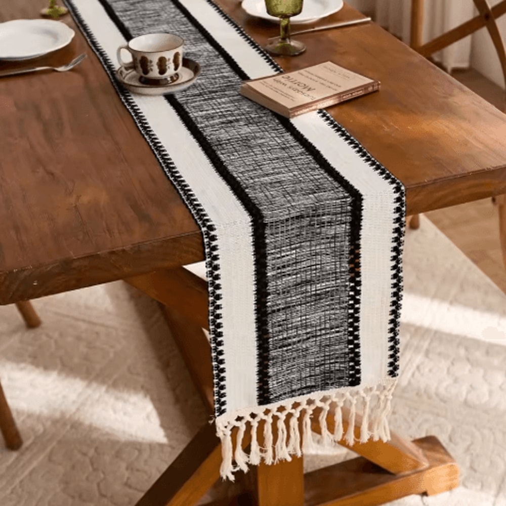 Nordic Boho Striped Green Table Runner Handwoven Tassel Decor For Rustic Tables 4