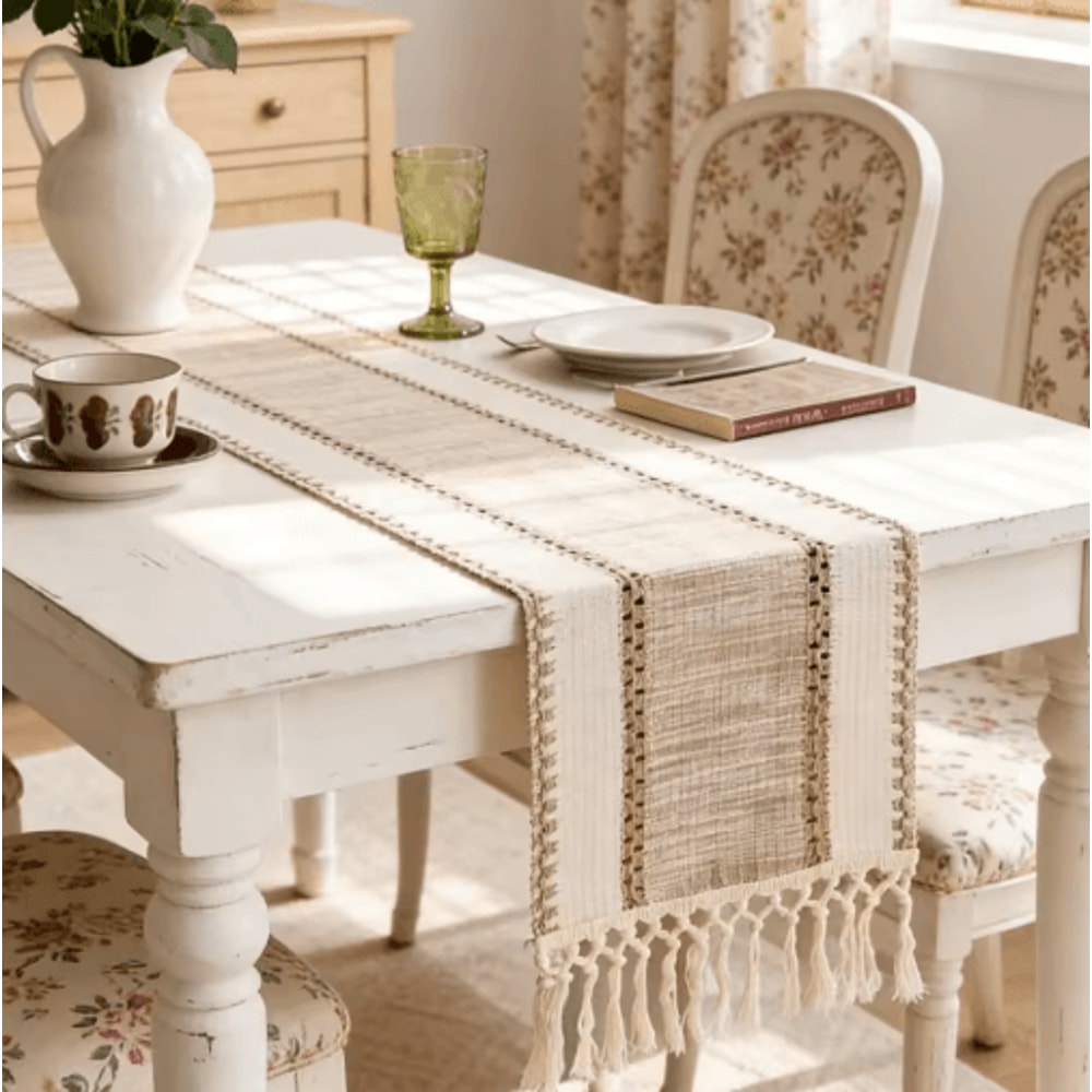 Nordic Boho Striped Green Table Runner Handwoven Tassel Decor For Rustic Tables 5