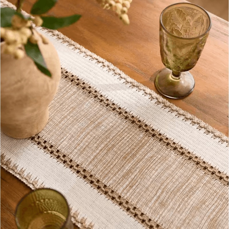 Nordic Boho Striped Green Table Runner Handwoven Tassel Decor For Rustic Tables 7