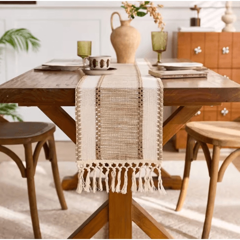 Nordic Boho Striped Green Table Runner Handwoven Tassel Decor For Rustic Tables 9