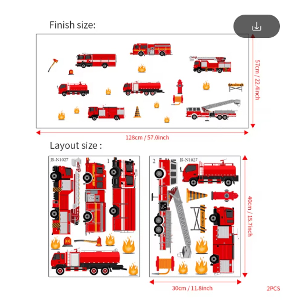 Cartoon Fire Truck Wall Decals Kids Room Nursery Wall Stickers Decor 3