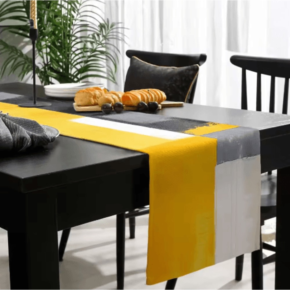 Abstract Linen Table Runner Modern Yellow Grey Geometric Dining Table Decor 4