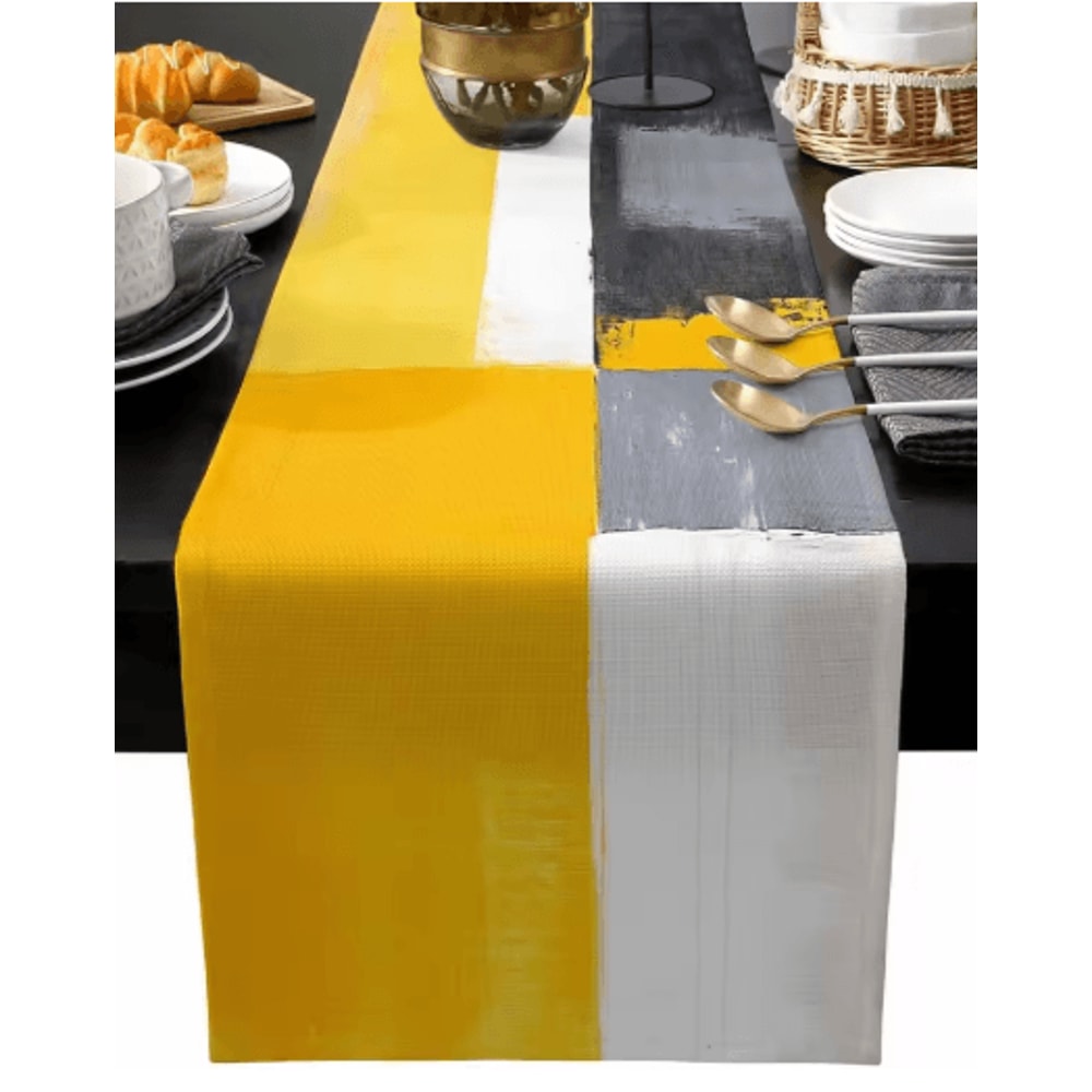 Abstract Linen Table Runner Modern Yellow Grey Geometric Dining Table Decor 0