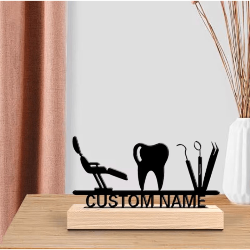 Custom Dentist Desk Decor Personalized Metal Dental Office Art With Wooden Base 0