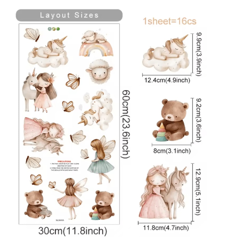 Watercolor Unicorn Rainbow Wall Stickers Fairy Kids Room Decor Decals 3