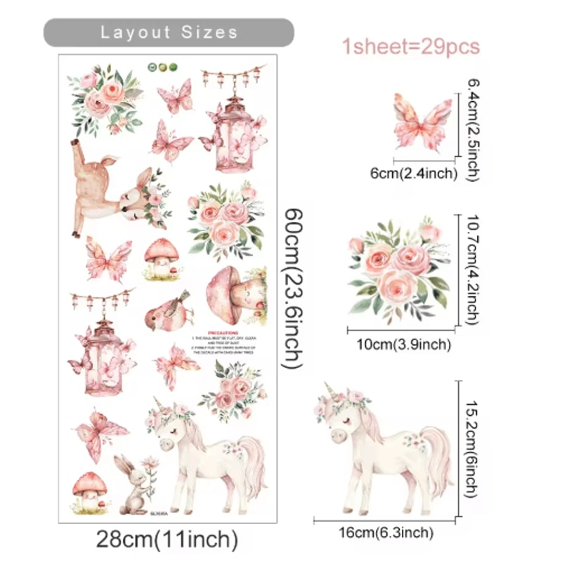 Watercolor Unicorn Rainbow Wall Stickers Fairy Kids Room Decor Decals 4