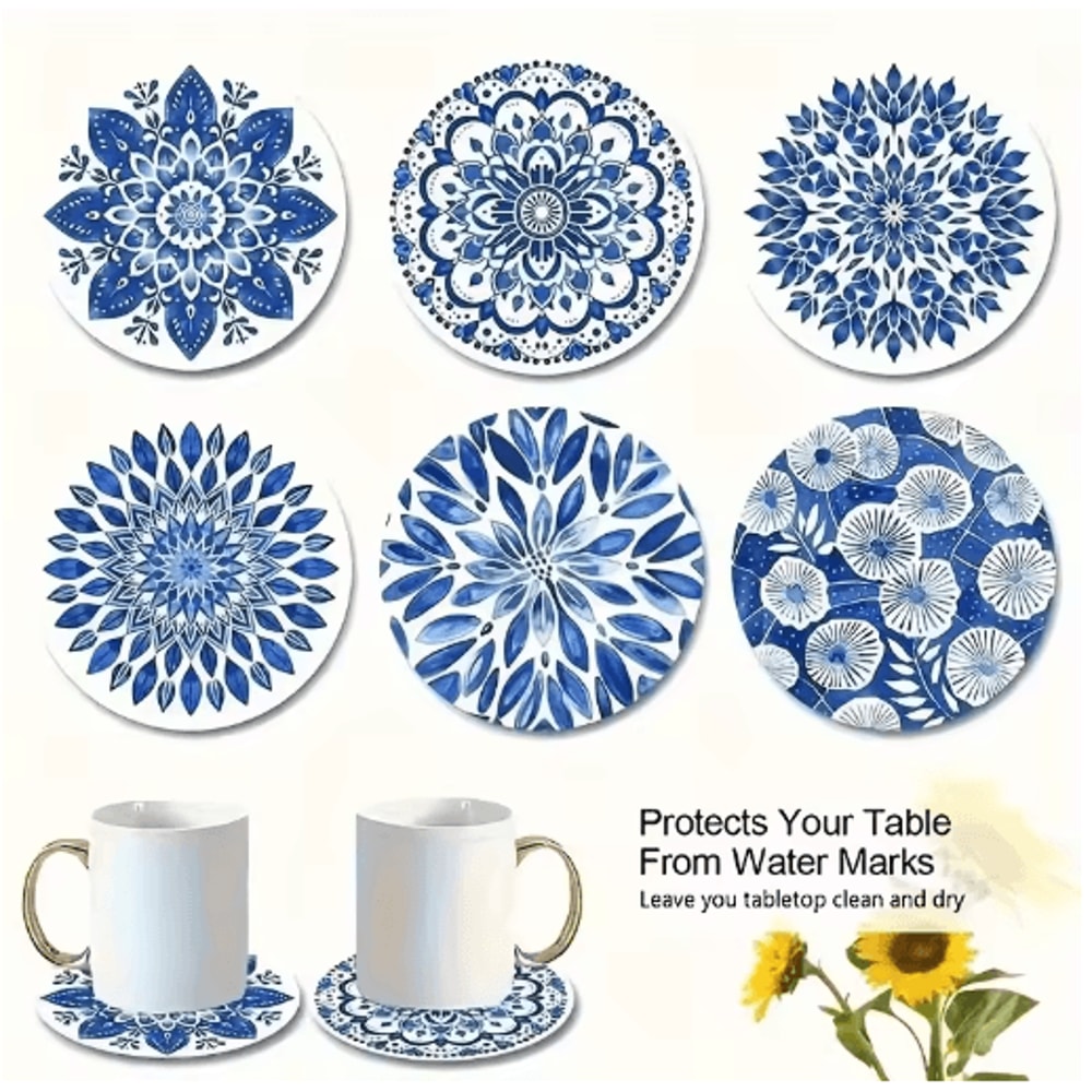 Celadon Wooden Coasters Set 6pcs Decorative Coffee Cup Table Mats 2