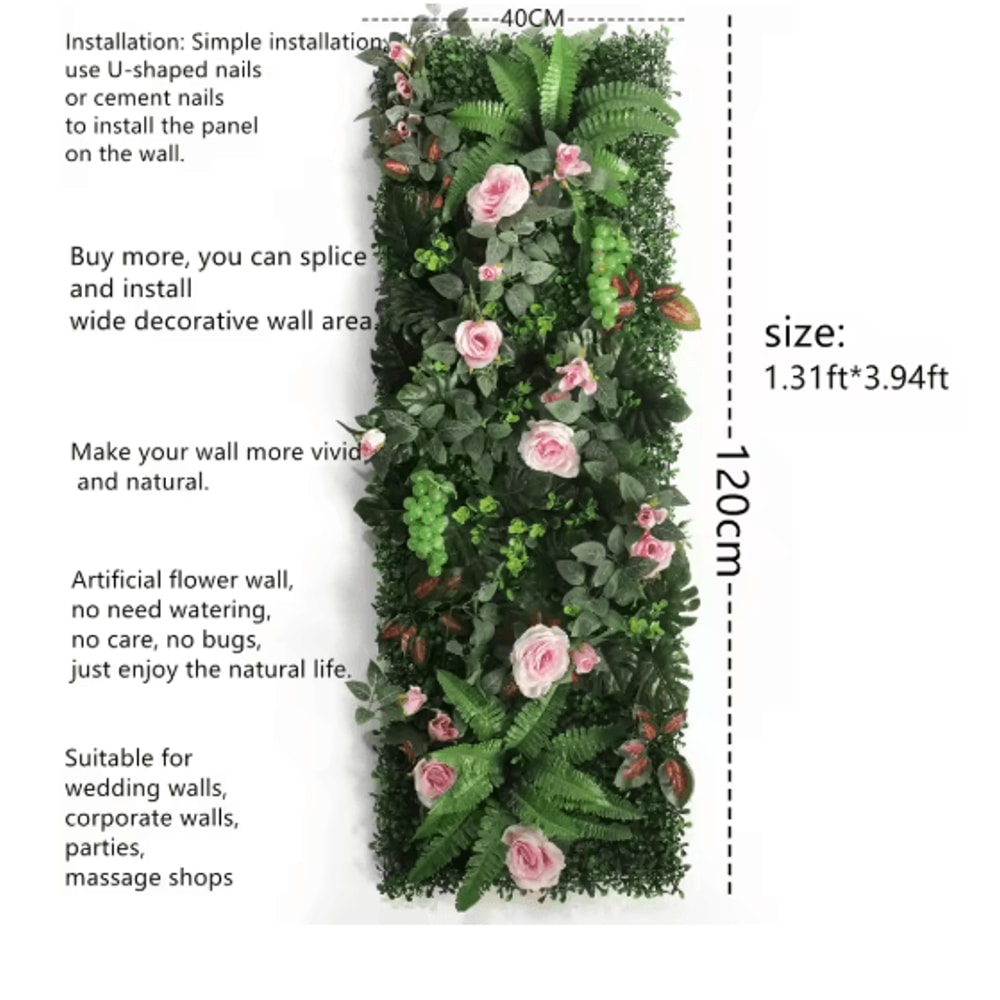 Artificial Rose Wall Panel 40x120cm Floral Grass Backdrop Home Decor 24