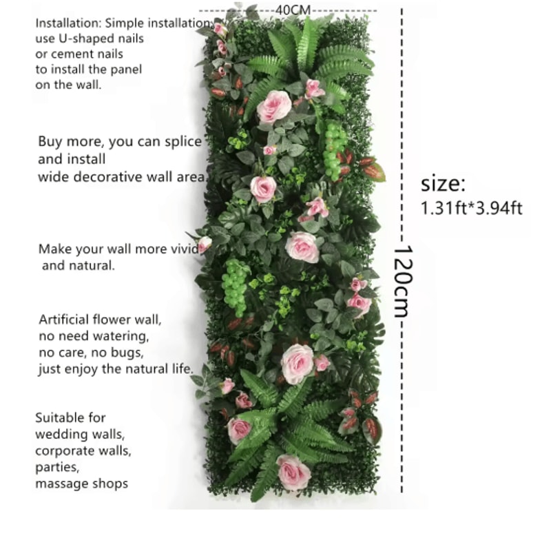 Artificial Rose Wall Panel 40x120cm Floral Grass Backdrop Home Decor 24