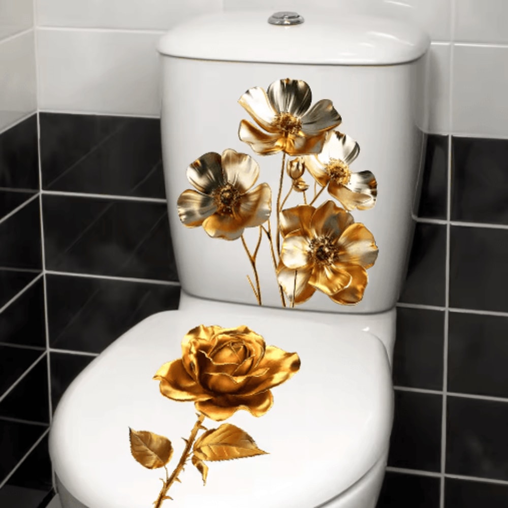 Golden Flower Toilet Seat Sticker Waterproof Bathroom Decorative Decal 3