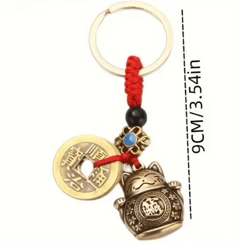 Vintage Lucky Cat Figurine Keychain Feng Shui Wealth Talisman Mini Ornament 2