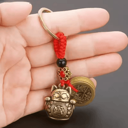 vintage lucky cat figurine keychain – feng shui wealth talisman mini ornament